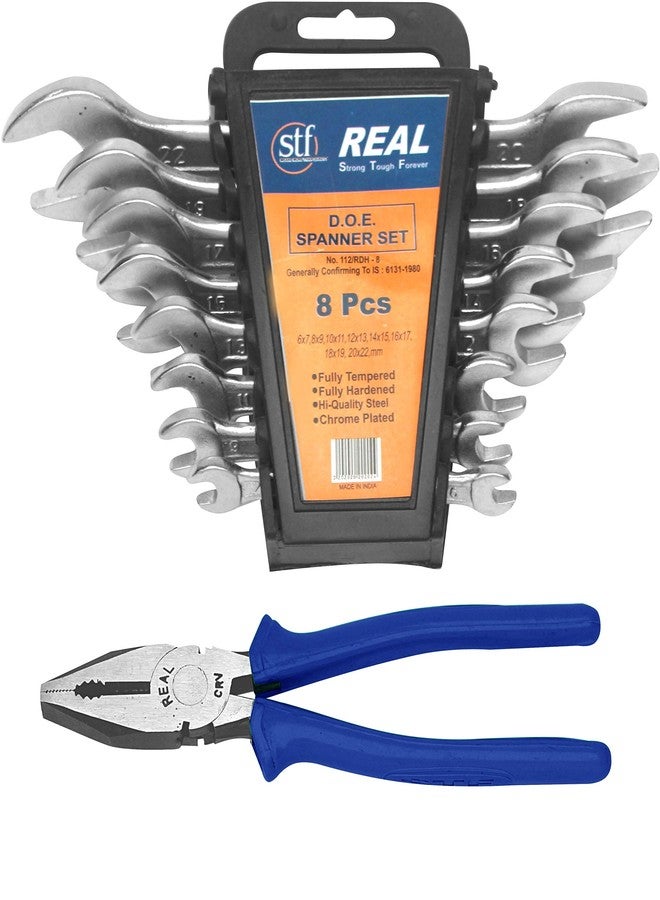 Real Heavy Duty Double Open End Spanner 8 Pcs. Set with hanging tray and Combination Plier 8" - Image 1